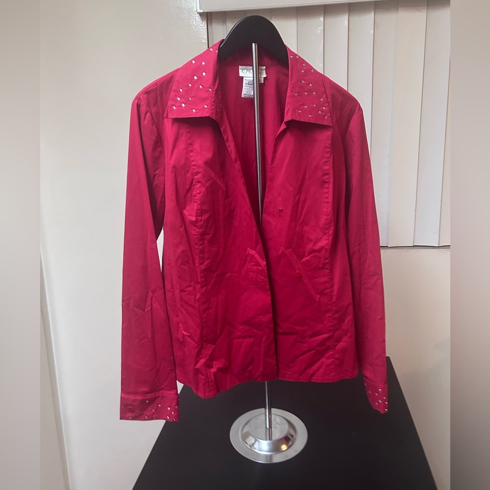 Vintage Cache Top Shirt Blouse Large Red Rhinestone Women's Stretch VTG Y2K